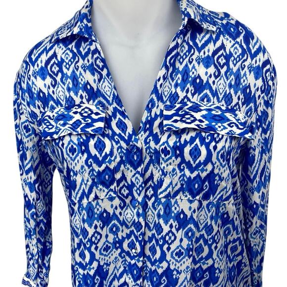 Women's Blue White Long Sleeve Abstract Argyle Button Up Maxi Shirt Dress Size L - Picture 3 of 3